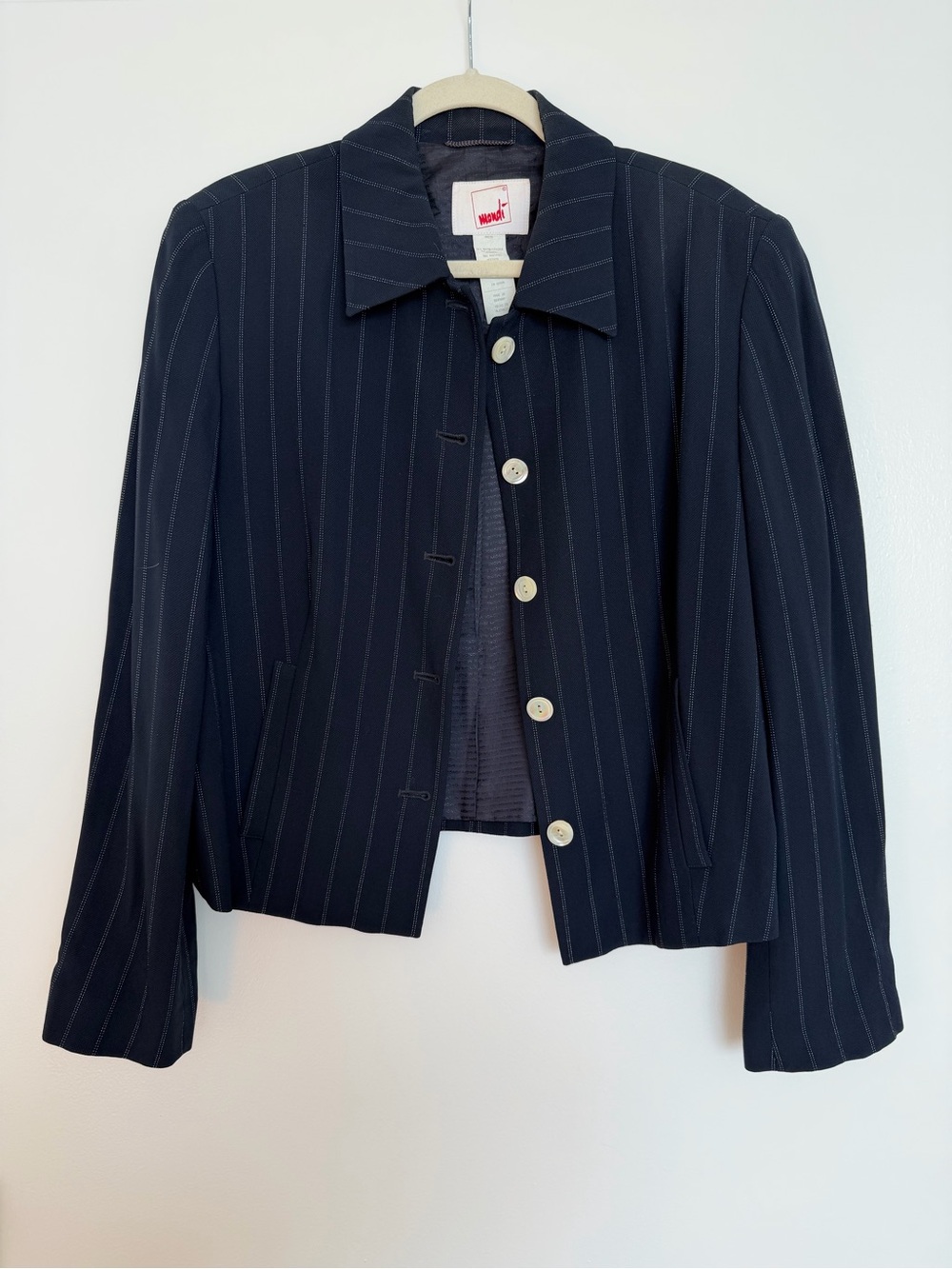 Mondi Women's Navy Pinstripe Button-Up Blazer